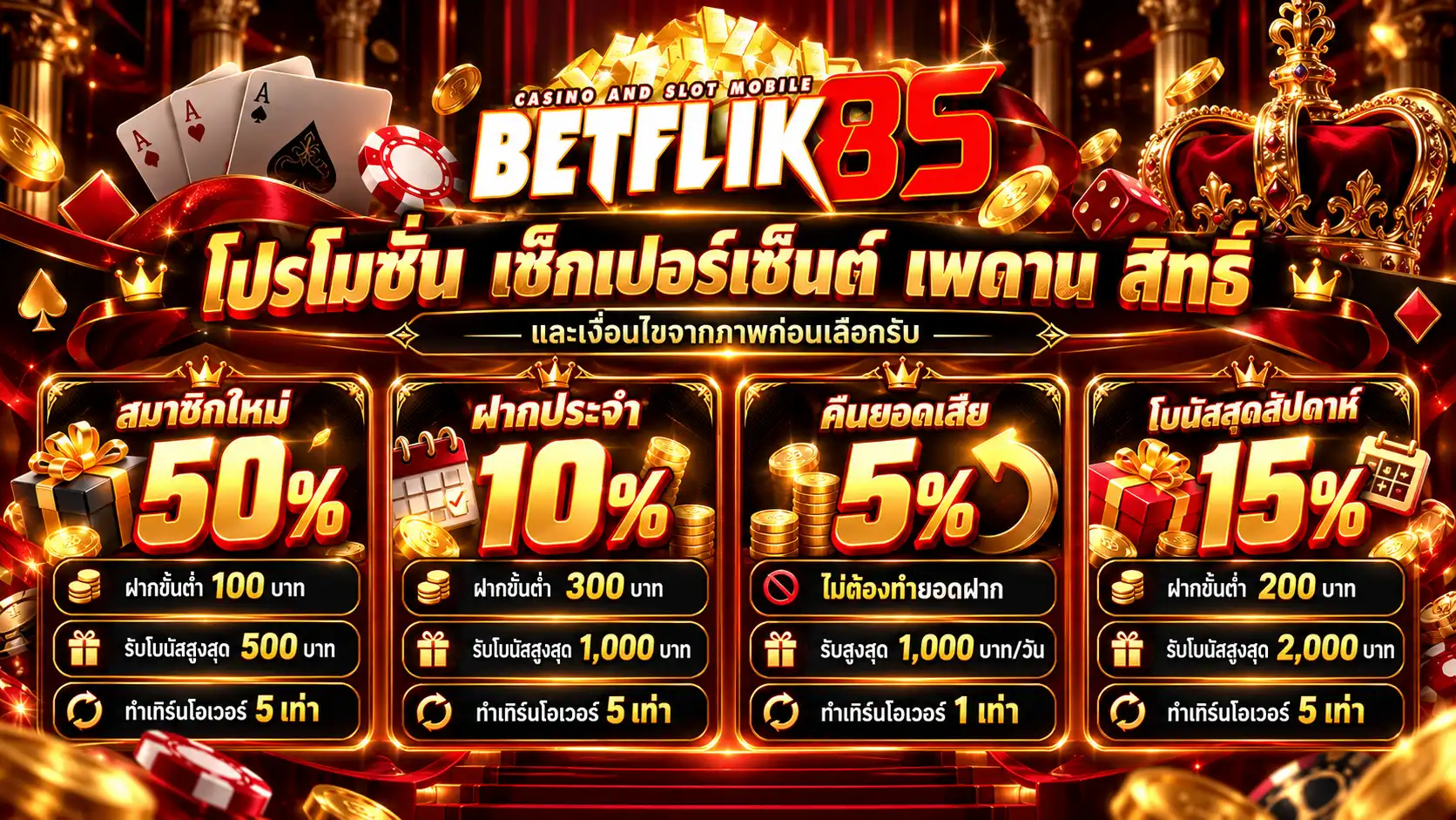 โปรโมชั่น betflik85 สมาชิกใหม่ 50% ฝากประจำ 10% คืนยอดเสีย 5% และโบนัสสุดสัปดาห์ 15%